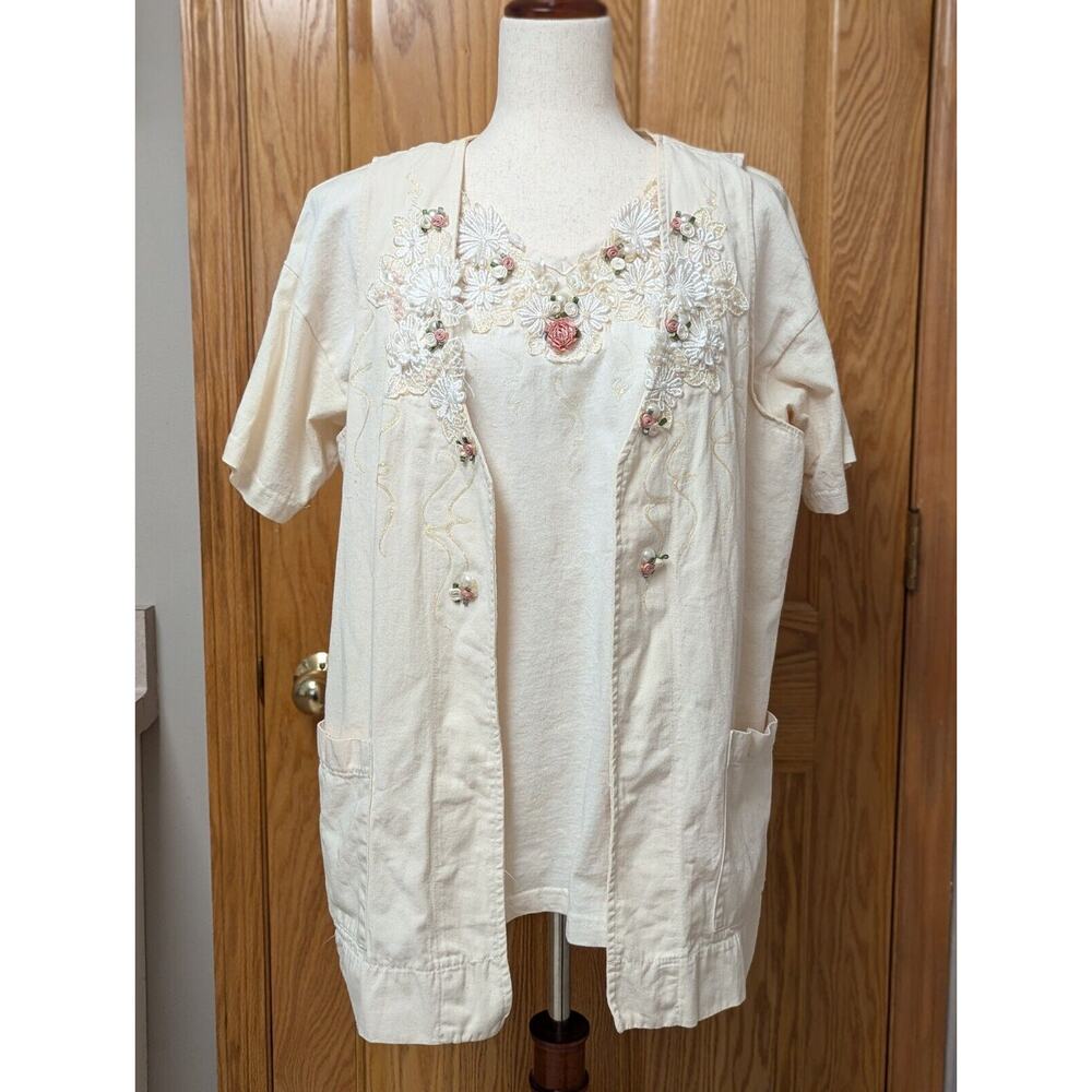 Vintage Cactus Ivory Shirt Vest Set Womens L Pearls Beads Embroidered Sequins